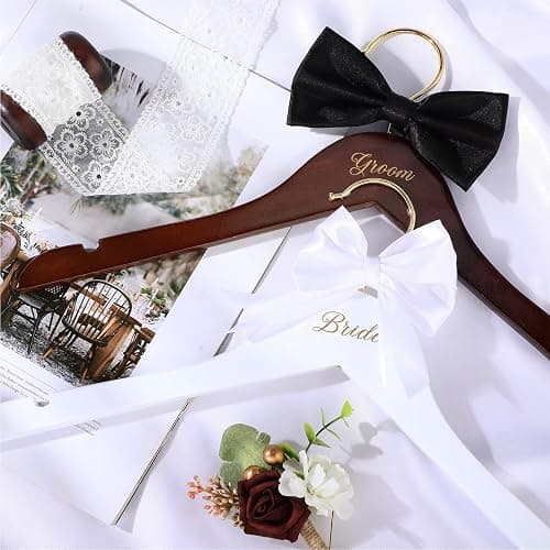 Beeveer 2 Pcs Bride Hanger for Wedding Dress Bride and Groom Wooden Wedding Dress Hanger Set with Bow Tie for Tuxedo Suit Gift Bridal Party Shower thumbnail 5
