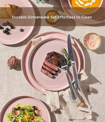 GBHOME Stoneware Dinnerware Sets for 4,12-Piece Plates and Bowls Set | Ribbed Reactive Glaze Ceramic Dish Set, Scratch Resistant, Dishwasher&Microwave Safe,Blush Pink thumbnail 5
