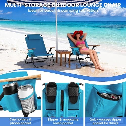 Canpsky 2 Pack Premium 5-Position Reclining Camping Chair - Portable Folding Lightweight Outdoor Chair with Wooden Armrests, Headrest & Pockets, 350lbs Heavy Duty for Beach, Patio, Backyard, Blue thumbnail 5