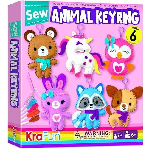 KRAFUN Unicorn Sewing Keyring Kit for Kids Age 7 8 9 10 11 12 Learn Art & Craft, Includes 6 Stuffed Animal Bear, Dog, Rabbit, Raccoon, Owl Dolls, Instruction & Felt Materials - Image 1