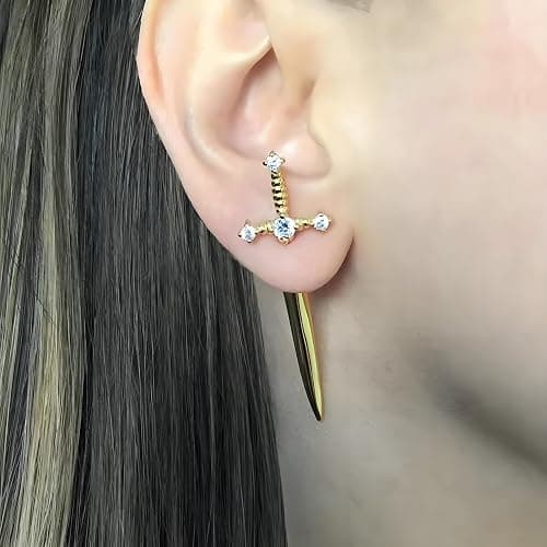 ONLYJUMP Rhinestone Sword Earrings for Women Gothic Retro Dagger Screw Earrings Cubic Zirconia Punk Front Back Stud Earrings Unique Halloween Costumes Jewelry thumbnail 4