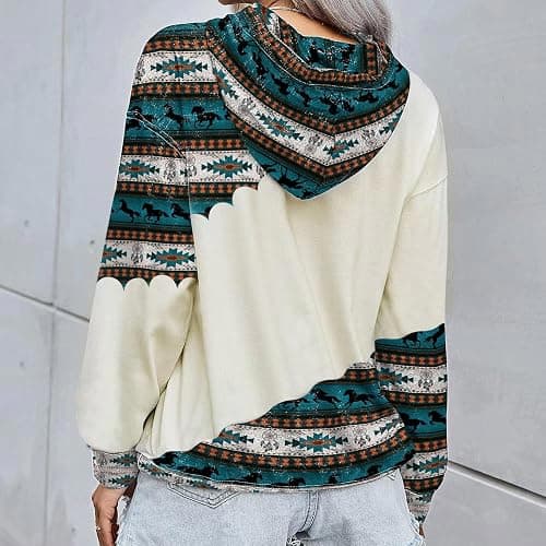 Lanaoree Women's Geometric Horse Print Aztec Hoodie Pullover Cowgirl Western Hooded Sweatshirt S-2XL thumbnail 4