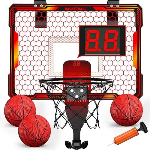 HYES Basketball Hoop for Kids, Mini Basketball Hoop Indoor with 7 LED Lighting, 3 Modes, Scoreboard, 3 Balls, Door Basketball Toys for Kids - Red - Red - Image 1