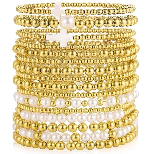 Pls Back 16 PCS Gold Bead Pearl Bracelet for Women, Gold Plated Beaded Strand Bead Ball Bracelets stack Adjustable Jewelry Set for Gifts - Image 1