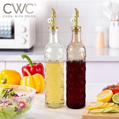COOK WITH COLOR Glass Olive Oil Bottle Dispenser - 2 Pack- 17oz Oil and Vinegar Cruet - Olive Oil Carafe Decanter for Kitchen, Floral, Brown thumbnail 2
