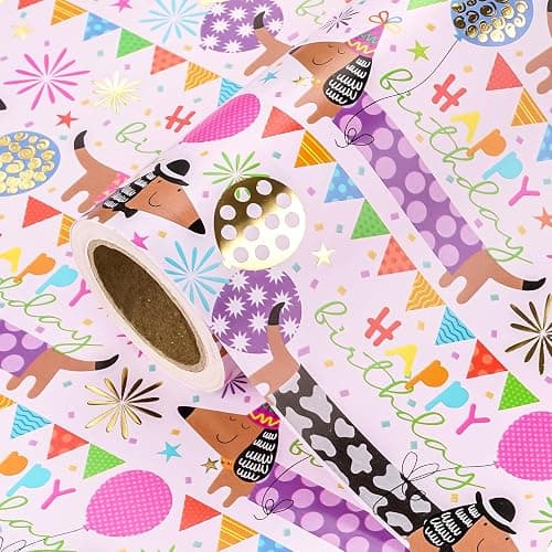 WRAPAHOLIC Dog Birthday Wrapping Paper - Mini Roll - 17 Inch x 16.5 Feet - Gold Foil Dachshund Dogs and Happy Birthday Wrapping Paper for Girl Boy Kids, Baby Shower - Image 1