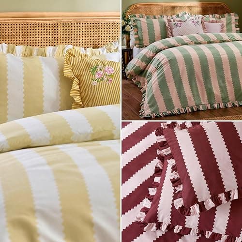 furn. Wylder Birdie Stripe Duvet Cover Set – Reversible Cotton Rich Frilled Cottagecore Stripe Design with Ruffle Trim (Pink/Green - Double) thumbnail 4