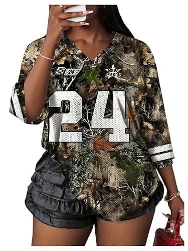 WDIRARA Women's Oversized Jersey Shirts Number Graphic Tee V Neck Half Sleeve T-Shirt Tops - Image 1