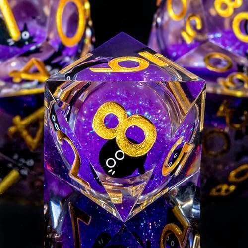 Roycevon Resin DND Dice Set with Gift Box, 7Pcs Liquid Core Cat D&D Dice, Cute Dungeons Dragons D and D Dice, Sharp Edge Role Playing Game Dice D20 D12 D10 D8 D6 D4, Purple thumbnail 8