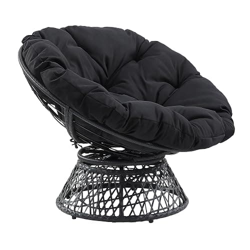 OSP Home Furnishings Wicker Papasan Chair with 360-Degree Swivel, Grey Frame with Black Cushion - Image 1