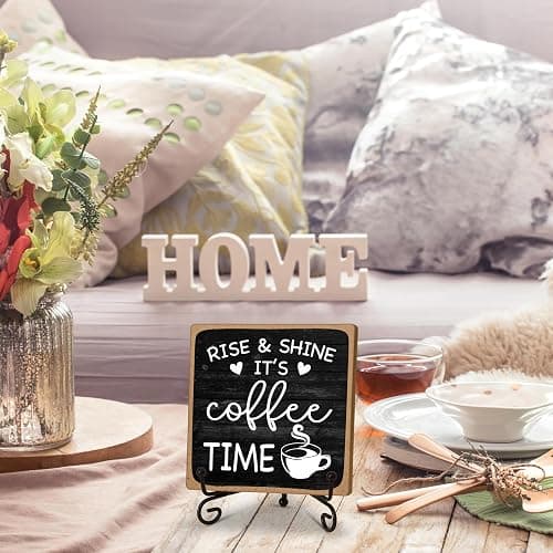 Farmhouse Coffee Bar Sign, Rise & Shine It's Coffee Time, 5"x5" Wood Plaque with Stand Gift for Home Kitchen Tabletop Decor -B09 thumbnail 6