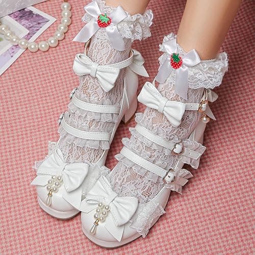 LUXMAX Women's Kawaii Shoes Cross Strap Pumps Cute Ankle Strap Mary Jane Shoes Wedding Lace Mid Chunky Heel Pumps thumbnail 3