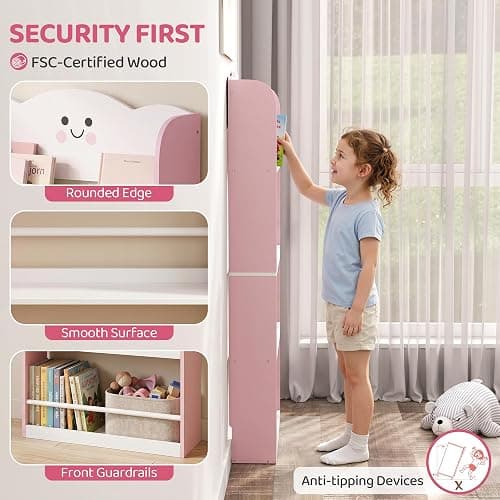 AIYAPLAY 4 Tier Kids Bookshelf with Anti-Tip Kit for Toddler 3-6, Pink | Children Bookcase, Cotton Candy Theme, Space-Saving Bookcase, Living Room, Kids Room, Playroom thumbnail 5