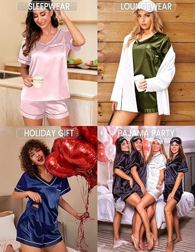 Ekouaer Silk Pajama for Women Short Sleeve Satin Pj Set Two Piece Soft Sleepwear Loungewear, S-XXL thumbnail 5