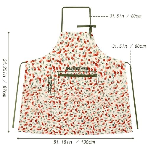 BOUND DUO Women's Cherry Floral Print Vintage Kitchen Cooking Apron | Adjustable Tie Straps & Big Storage Pockets, Cute Gardening Pinafore, Nice Gift for Baking & Tea Lovers(Cherry red) thumbnail 6