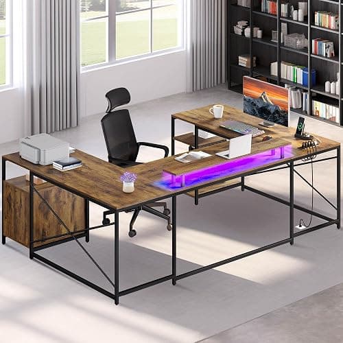 DWVO U Shaped Desk with Drawers, 79" Reversible L Shaped Desk with Power Outlets & LED Lights, Corner Computer Desk with Monitor Stand & Storage Shelves, Rustic Brown thumbnail 4