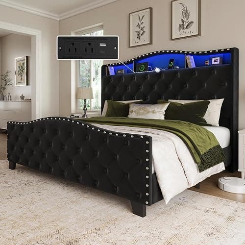 Belffin Queen Size Platform Bed Frame with 50.9" LED Headboard, Black | Velvet Upholstered Low-profile Bed, Handmade Tufting, Nailhead Wingback, Tall Footboard, Storage with Charger, Noise-Free - Image 1