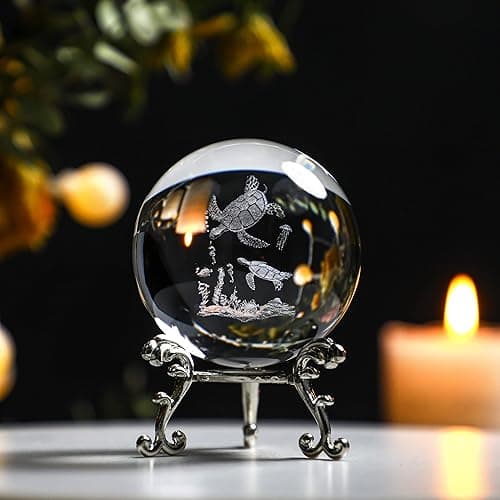 ZEERSHEE 60mm 3D Glass Laser Sea Turtle Ball Paperweights 2.3inch Crystal Ball with Stand Table Decoration for Home Turtles Gifts for Kids Women