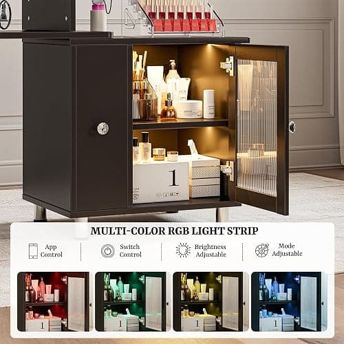 Paddie Manicure Table Nail Desk with LED Lamp & Light, Glass Cabinet Door Nail Table Station w/Dust Collector, Charging Station, Removable Acrylic Container, Cabinet and Drawer(Black-New) thumbnail 4