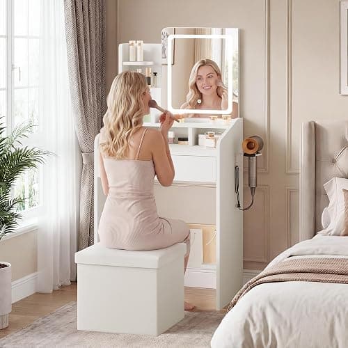 LIVELYGLOW 24" White Small Vanity Set with Lighted Mirror & Storage Stool | Smart LED Mirror, Charging Station, Hairdryer Rack, Space-Saving thumbnail 7
