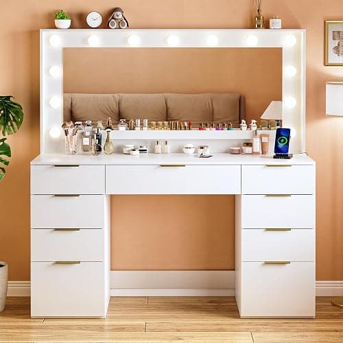 ALEXNUTRE Vanity Desk with Large Mirror and Lights, 45.3in Makeup Vanity with Power Outlet 9 Drawers & Storage, 3 Lighting Color Adjustable, White Vanity Desk for Bedroom thumbnail 7