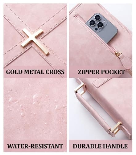 Vegan Leather Bible Cover Case, Bible Bag with Phone Pocket, Large Bible Case for Women, Christian Gift Box Packaging (Pink) thumbnail 5