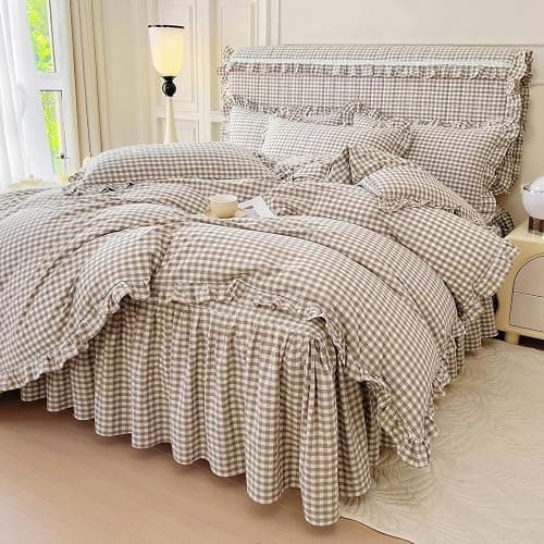 LifeTB Tan Gingham Comforter Set Full Vintage Ruffle Taupe Plaid Comforter Set 3 Pieces Soft Fluffy Grid Checkered Pattern Comforter with 2 Pillowcases Farmhouse Gingham Bedding Comforter Full thumbnail 3