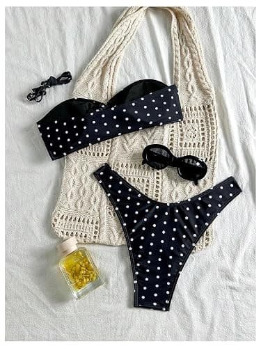 GORGLITTER Women's Polka Dots Bandeau Bikini Set Strapless Ring Linked Top High Cut 2 Piece Vintage Summer Swimsuits thumbnail 2