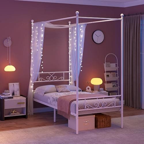 Weehom Twin Canopy Bed Frame with Headboard and Footboard, 4 Posters Metal Bed Frame, No Box Spring Needed, Mattress Foundation Platform Bed for Kids and Adults, White thumbnail 5