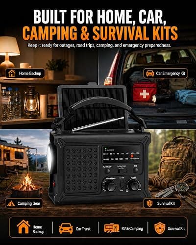 Emergency Radio, 12000mAh Solar Hand Crank NOAA Weather Radio, Black | Hand Crank Radio, 8500mm² Solar Panel, AM/FM/WB, 5W Flashlight, Reading Light, SOS for Outages, Camping & Survival thumbnail 9