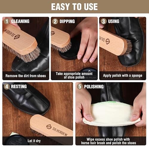 SILVERDEW 6-Piece Shoe Polish Kit, Portable Shoe Shine Kit Includes 2PCS Horsehair Brushes, 2PCS Black Shoe Polishes, Polishing Cloth and Carrying Bag, Leather Boot Care Kit for Men & Women thumbnail 7
