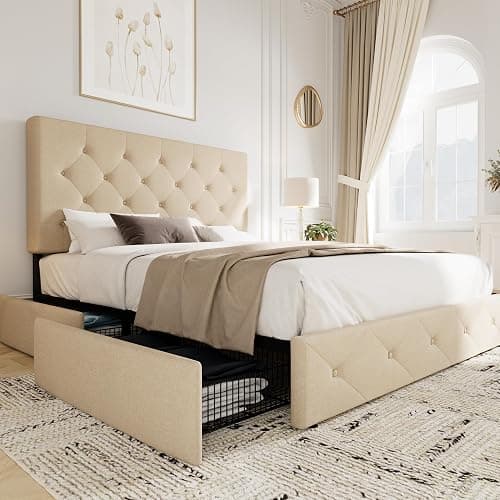 Allewie Upholstered Queen Size Platform Bed Frame with 4 Storage Drawers and Headboard, Diamond Stitched Button Tufted, Mattress Foundation with Wooden Slats Support, No Box Spring Needed, Beige - Image 1