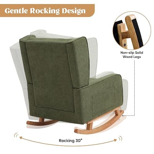 HCHAIRH Nursery Rocking Chairs, Rocking Chair Nursery for Mom Nursery Rocker with High Backrest and Solid Wood Legs, Modern Wingback Accent Rocking Chair for Reading Living Room Bedroom Green thumbnail 7