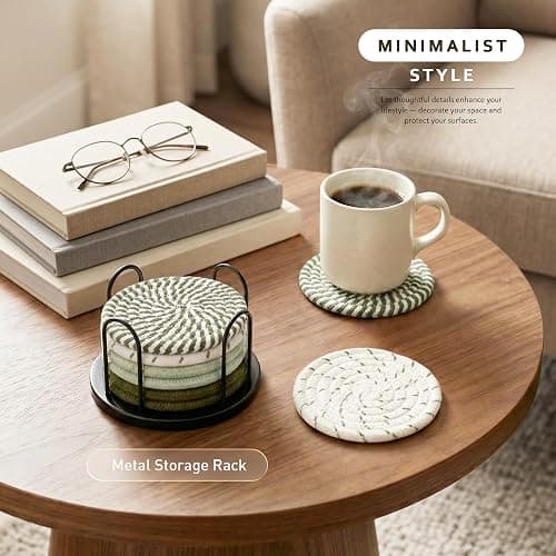 Lazebox Coasters Set of 8 for Drinks, 4 Inch Large Coasters for Coffee Table, Tabletop Protection for Hot & Cold Drinks, Versatile Coasters for Home Decor, Non-Slip & Easy to Clean, Olive Green thumbnail 2