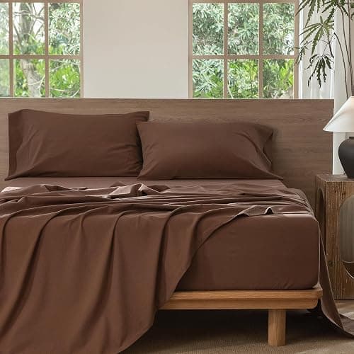 MooMee Bedding Sheet Set 100% Cotton Linen Like Textured Breathable Durable Soft Comfy (Solid Cocoa Brown, Queen) thumbnail 6