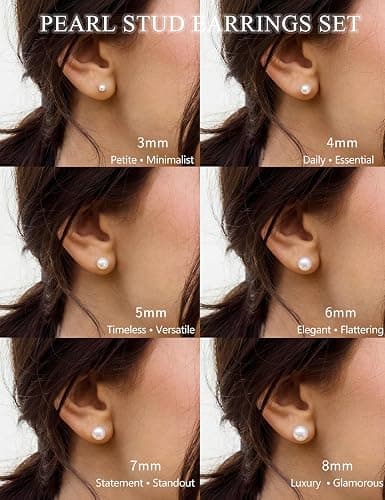 14K Gold Plated Pearl Earrings for Women Flat Back Stud Hypoallergenic | Small Pearl Earring Set, Cartilage Piercing, Stackable Lightweight Shiny Earring Studs, Plum Blossom Bonus, 3-8MM, 6 Pairs thumbnail 4