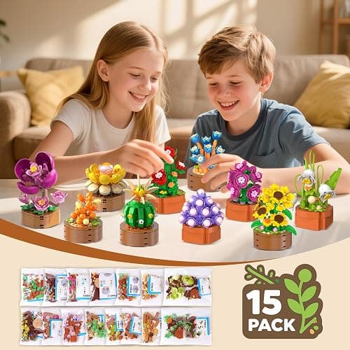 HOGOKIDS 15 Pack Flowers Succulents Mini Building Set for Adults Kids - 1314PCS Flower Plant Botanical Collection 3.6MM Bricks Toys, Christmas Home Office Décor Gifts for Women Boys Girls Age 6+ thumbnail 5