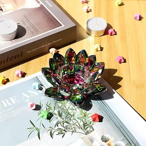 OwnMy Colorful Crystal Lotus Flower Tea Light Holder - Lotus Petals Votive Candle Holder Candle Lamp, Glass Flower Tealight Candle Stand for Table Centerpiece Wedding Decors thumbnail 5
