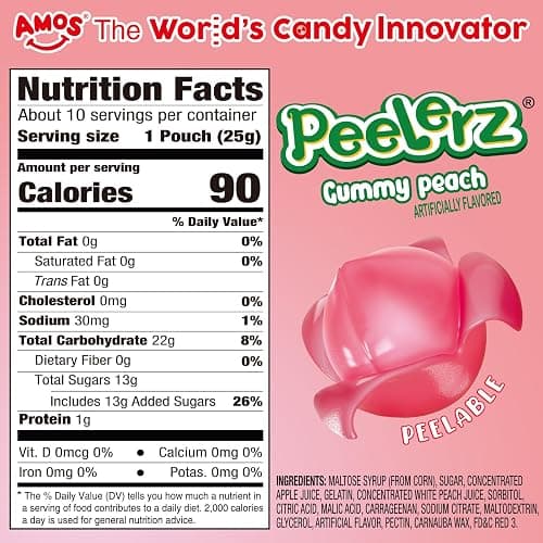 AMOS Peelerz Gummy Peach Candy, Peelable Fruit-Shaped Candy, 8.47oz Box with 10 Individual Packs – Fun Peeling Gummy Snack Made with Real Juice thumbnail 2