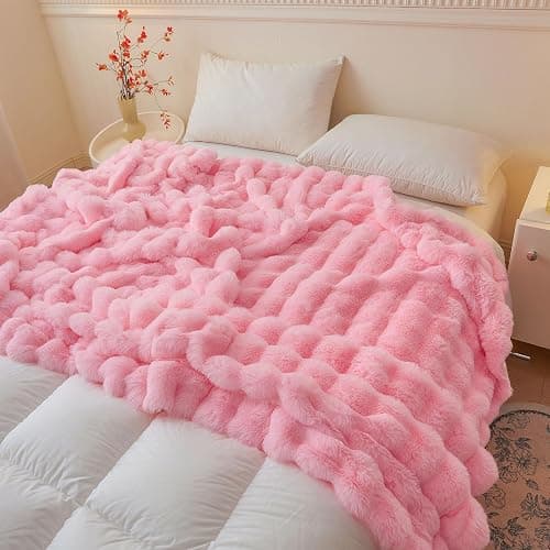 LIFEREVO Luxury Fluffy Faux Rabbit Fur Throw, Plush Fuzzy Bubble Waffle Blanket for Couch Sofa, Soft Cute Furry Blanket Home Decoration, Shaggy Lap Throw for Bedroom Living Room Office, 50x60, Pink thumbnail 6