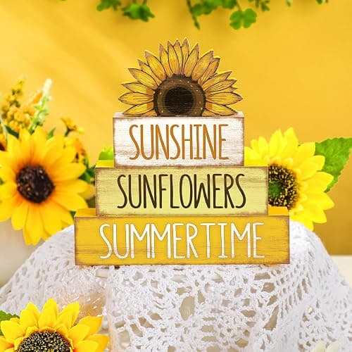 Burbell 4 Pcs Sunflower Table Decorations Wooden Tiered Tray Table Decor | Rustic Wood Blocks for Tiered Tray, Farmhouse Sunflower Decorations for Home Office, Smooth Polished Finish thumbnail 6
