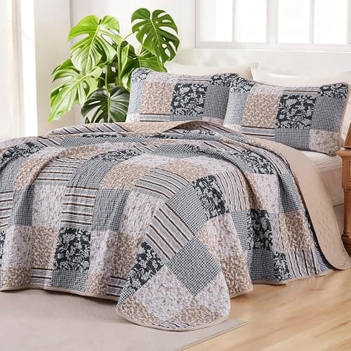Mybedsoul Patchwork Quilt Set Queen Size, 3 Pieces Blue Brown Floral Plaid Bedspread Coverlet Set, Reversible Soft Microfiber Bedding Set for All Season, Fall Winter Queen 90"x96" thumbnail 2