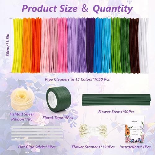 1050 PCS Pipe Cleaner Flower Kit, 15 Assorted Colors Pipe Cleaners Craft,Chenille Stems for DIY Flower Making Kit with Instructions,Floral Wires,Stamen& Ribbon,Art and Craft Supplies thumbnail 2