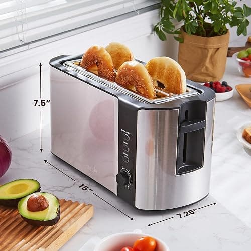 Elite Gourmet ECT-3100 Long Slot 4 Slice Toaster, Reheat, 6 Toast Settings, Defrost, Cancel Functions, Built-in Warming Rack, Extra Wide Slots for Bagels & Waffles, Stainless Steel & Black thumbnail 3
