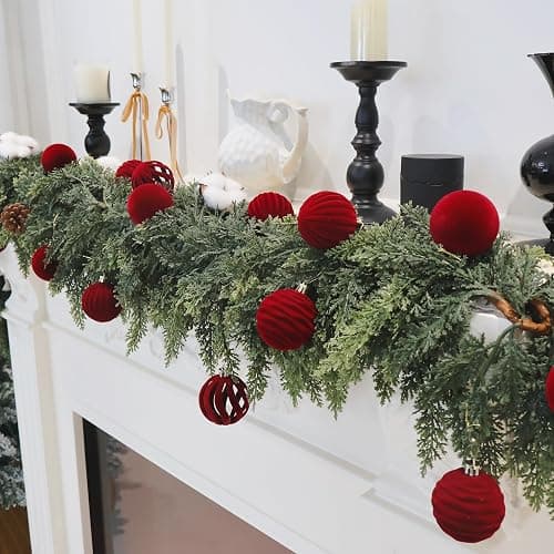 Senjie 3.15inch Burgundy Velvet Christmas Ornaments Balls Flocked Christmas Tree 12PCS Plastic Balls Xmas Hanging Ornaments Decoration Red thumbnail 6
