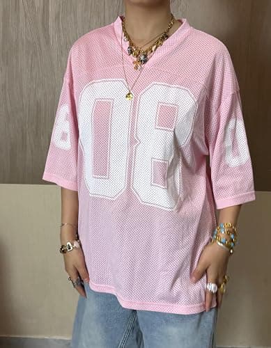 DSORVICD Women Oversized Jersey Shirts Y2k Number Print Graphic Tees V Neck Short Sleeve Baggy T-Shirt Preppy Clothes thumbnail 4