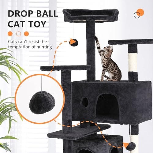 BestPet | 54" Cat Tree Tower | Dark Gray | Sturdy, Easy to Assemble, Multi-Level Activity Center with Sisal Scratching Posts, Condos, Perches, Hanging Cat Toys, Observation Decks & Ladder thumbnail 3