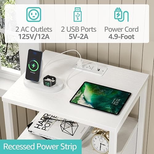 BOLUO White Nightstand with Charging Station, LED Night Stand with 2 Fabric Drawers, Bedside Table with USB Ports and Outlets, Nightstand for Bedroom Modern thumbnail 5