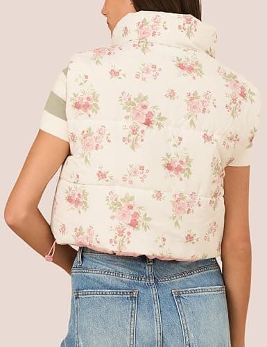 InterNos Womens Cropped Floral Print Puffer Vest Lightweight Stand Collar Zip up Sleeveless Winter Padded Coats thumbnail 5
