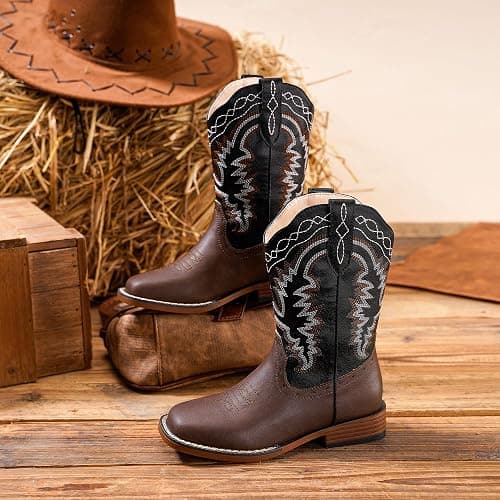 Parrosoo Kids Cowboy Boots for Boys Girls Western Riding Shoes Square Toe Wide Calf Hunting Walking Adventure Toddler Little Big Kid thumbnail 5